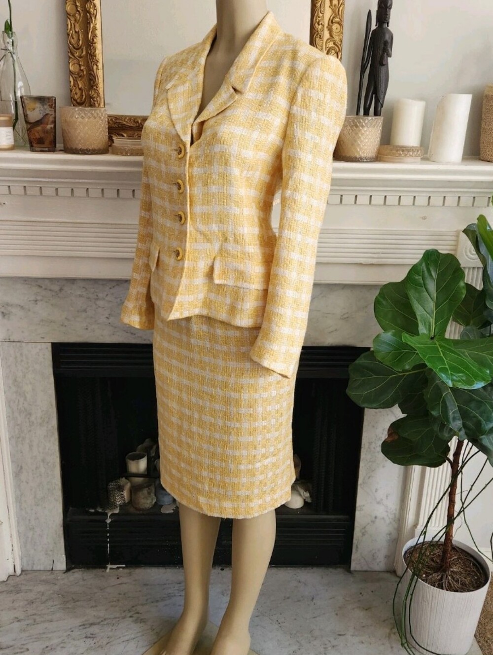 Vintage 90s Yellow White Skirt Suit Size 6 Boucle Tweed Pastel Coastal Grandma - Picture 2 of 8